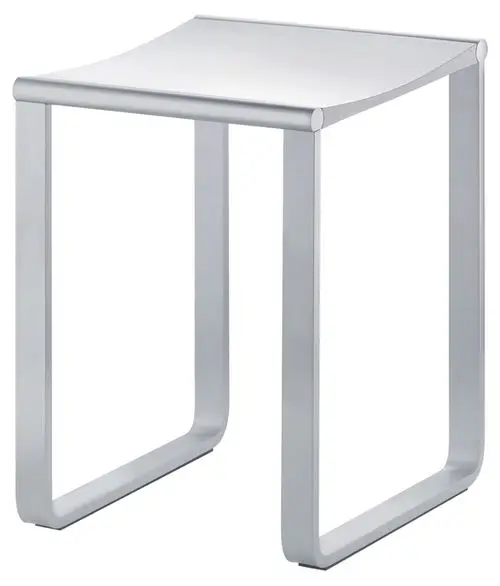 Silber-eloxierter Hocker aus Aluminium mit schwarzgrauen Elementen. Minimalistisches Design, geeignet für verschiedene Innenräume. Hergestellt von Keuco.